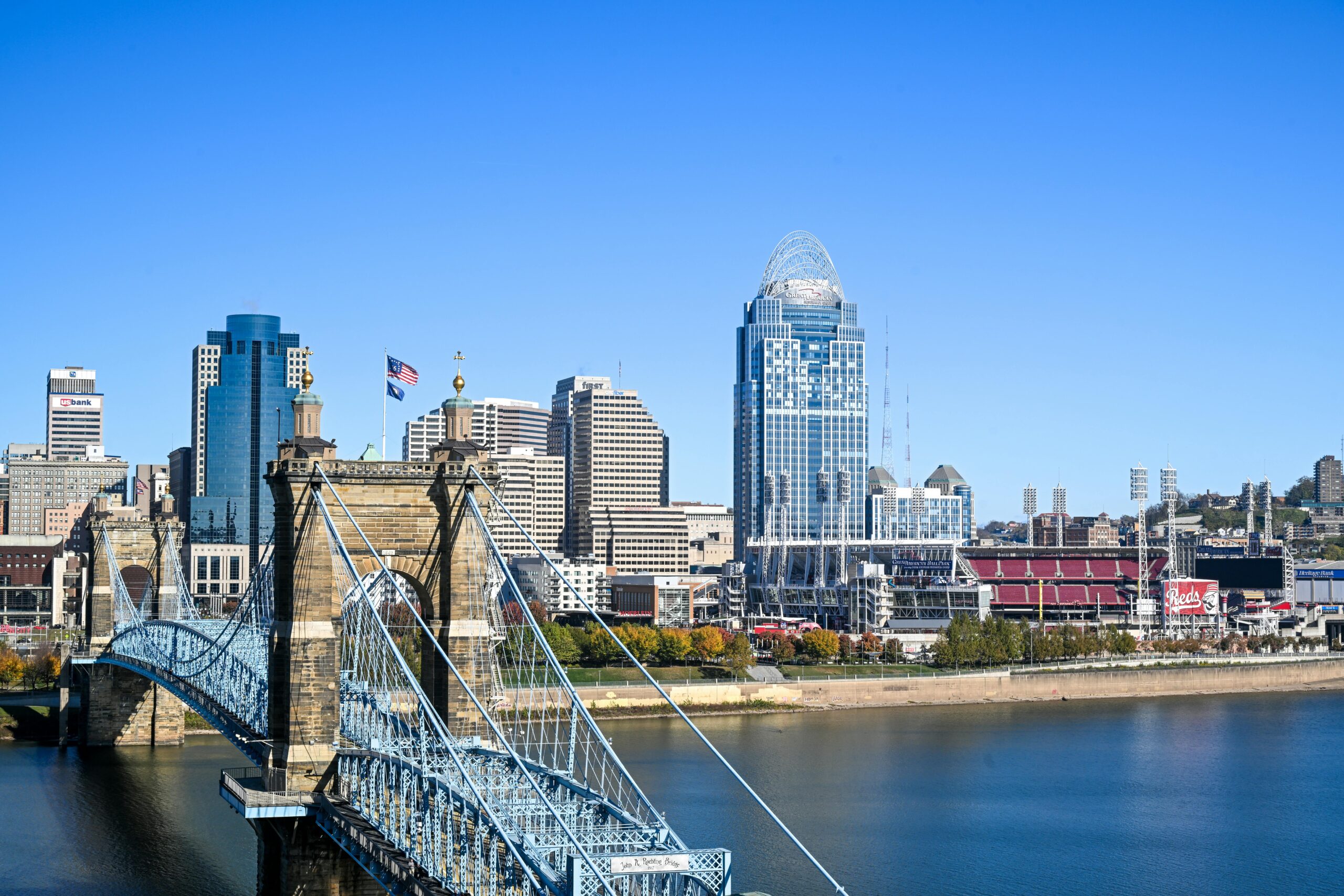 Beautiful view of Cincinnati skyline featuring the iconic Roebling Suspension Bridge.